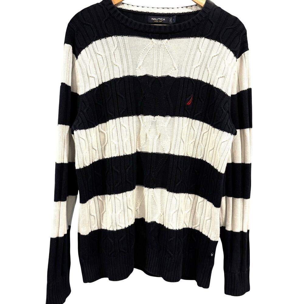 Nautica Vintage 90s Striped Cable Knit Crewneck Sweater Navy White Men's Large